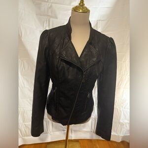 Guess Black Faux Leather Jacket with Asymmetrical Zipper and Fitted Design